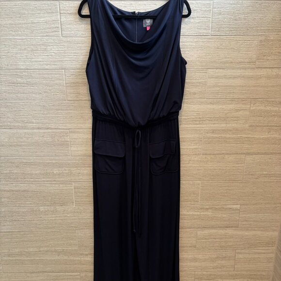 💙Vince Camuto Navy Jumpsuit Size L Draw String Waist Sleeveless Flared legs - Picture 3 of 16